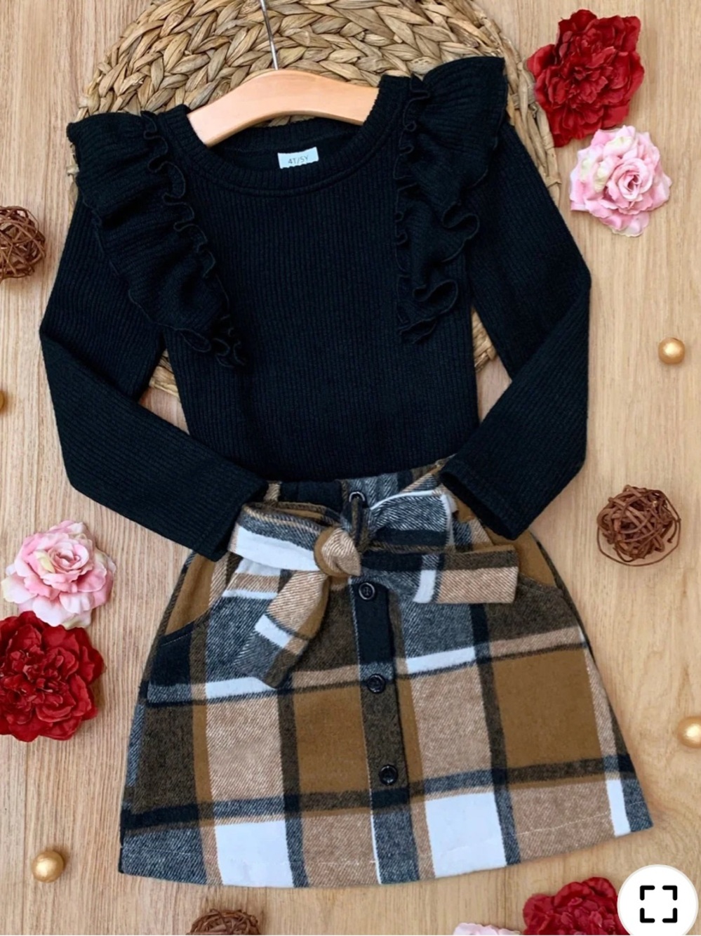Mia Belle Girls Toddler Baby Plaid Flannel Belted Sweater Ribbed Skirt Set 2T/3T
